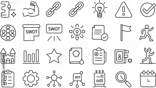 Vector line icon set of business strategy featuring SWOT analysis, goal achievement, teamwork links, strength, problem solving, and corporate planning.
