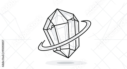 Abstract Crystal Gemstone with Orbiting Ring, Geometric Shape, Minimalist Line Art