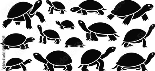 Turtle silhouette vector collection, tortoise silhouettes, reptile animal shapes, wildlife illustration, nature design, educational art, stock graphic, commercial use
