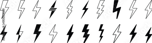Vector icon set of lightning bolts, thunder energy symbols, electric power sparks, and flash elements in outline and solid glyph