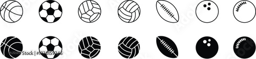 Vector sports ball icon set including basketball, soccer, volleyball, rugby, bowling, and baseball in outline and solid glyph style icons