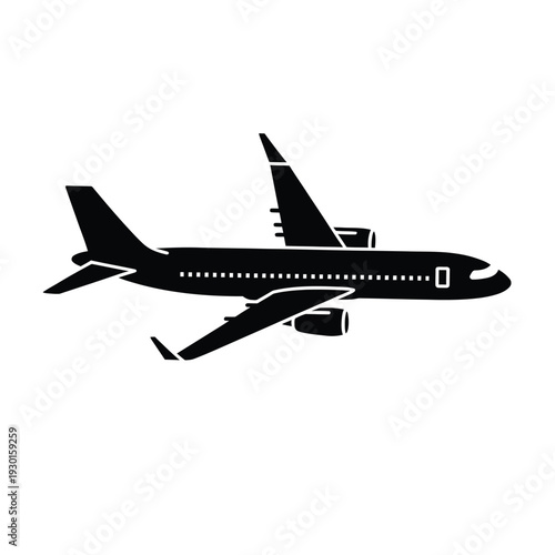 Simple black silhouette of a passenger airplane in flight against white