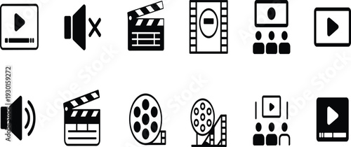 Vector media icon set featuring video player, movie clapperboard, film reel, sound volume, mute, and cinema audience in outline and glyph