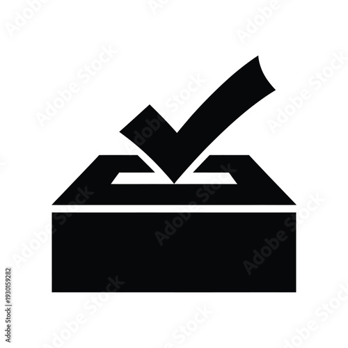 Black and white illustration of a ballot box with a check mark