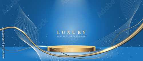 Abstract blue luxury background with golden podium ribbon glitter elements and decoration design modern product show room vector