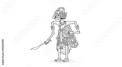 Traditional Indonesian Wayang Kulit Puppet Warrior with Sword, Black and White Line Art
