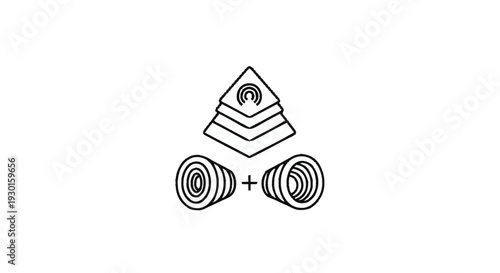 Layered Geometric Shapes with Circular Objects and Plus Sign.