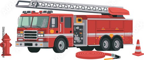 Red fire truck with ladder hose and hydrant for emergency services and rescue themes vector