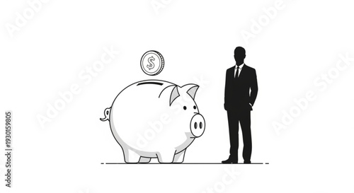 Businessman standing next to a piggy bank with a coin being inserted into it