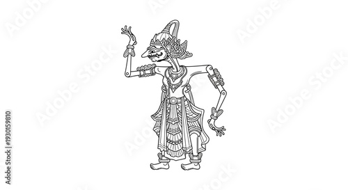 Traditional Indonesian Wayang Kulit Puppet, Outline Drawing