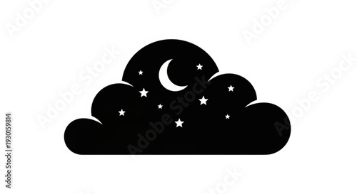 Night sky with moon and stars peeking through a cloud viewed from below in a simple illustration