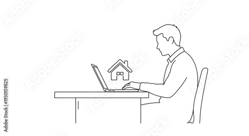 Man working on laptop at desk with house model nearby in home office setup viewed from side