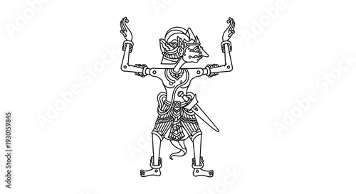 Traditional Indonesian Wayang Kulit Shadow Puppet Character - Outline Drawing
