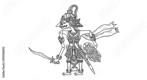 Traditional Indonesian Wayang Kulit Shadow Puppet Warrior with Sword and Shield, Line Art