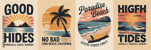 Retro beach posters featuring tropical landscapes, surfboards, mountains, sunsets for vacation and good vibes