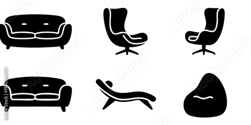 Collection of modern furniture silhouettes including sofas and chairs in a minimalist design