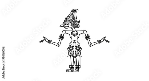 Traditional Javanese Wayang Kulit Puppet Character, Outline Drawing