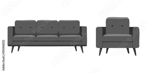 Modern dark grey sofa and armchair set in a minimalist living room interior viewed from the front