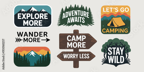 Outdoor adventure slogans and icons, depicting mountains, forests, tents, and signposts for camping and hiking