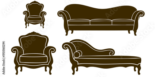 Collection of antique furniture pieces including sofa, armchairs, and chaise longue in a classic illustration style
