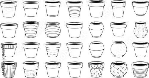 Hand Drawn Vector Illustration Set of Empty Plant Pots and Flowerpots. Collection of Various Outline Sketch Designs for Gardening, Plants, and Home Decor.