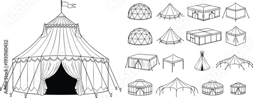 Tent silhouettes, circus tent illustration, camping icons, dome tents, canopy design, teepee figures, outdoor shelter art, festival structures, adventure concept