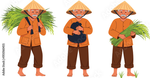 Asian Rice Farmer Carrying Harvested Paddy Bundles Traditional Agriculture Worker Character Vector Illustration Set