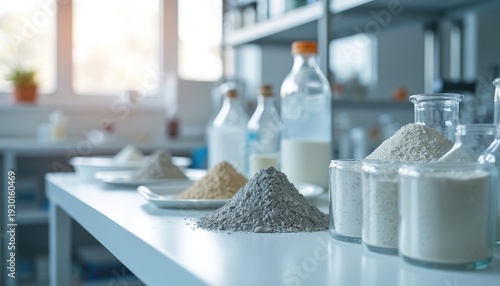 Laboratory table with various powdered substances in clear containers and dishes. Bottles with white liquid stand on shelves in background. Clean modern lab for science research and chemical analysis.