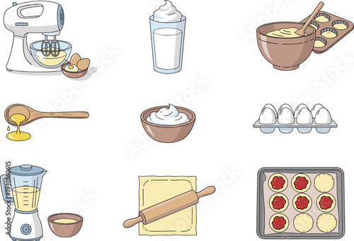 Baking Process Set with Mixer Dough Eggs Cream and Oven Tray Homemade Pastry Preparation Vector Illustration Collection