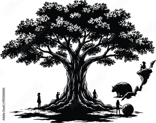 Tree silhouette illustration, nature community scene, people playing outdoors, swinging child artwork, growth connection concept, storytelling design, family environment, symbolic landscape art