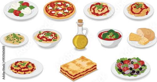 Italian Cuisine Dishes Collection with Pizza Pasta Lasagna Caprese Salad and Olive Oil Traditional Food Vector Illustration Set