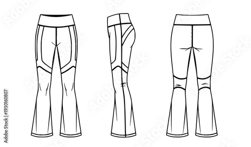 Sports Flared Leggings Technical Fashion Illustration Front Side Back CAD Template