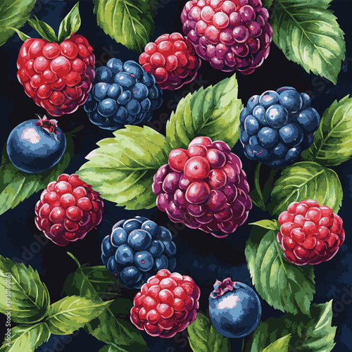 Rich watercolor mix of fresh berries and vibrant mint leaves, dark background , vector style simple color