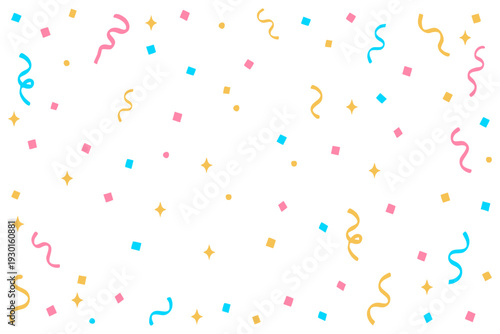 カラフルなお祝いのクラッカーの紙吹雪が全体に散っている白い背景デザイン