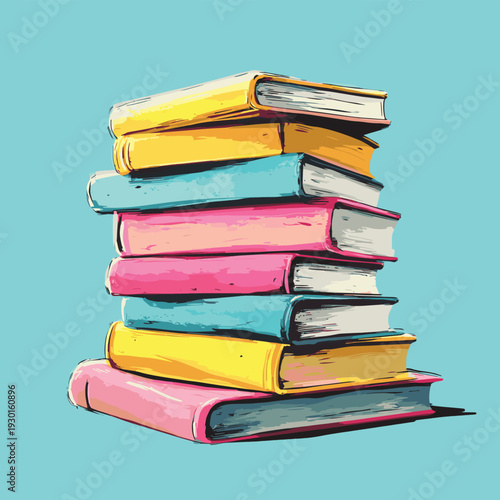 Colorful stack of books in bright pink, yellow, and turquoise for reading , vector style simple color