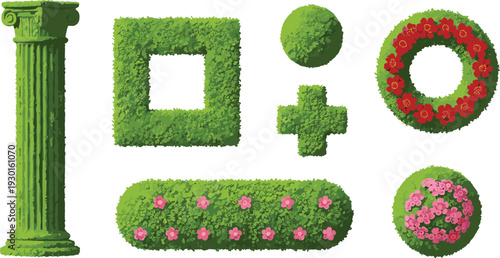 Decorative Garden Hedge Shapes Collection with Column Arch Circle and Flowered Bush Topiary Vector Illustration Set
