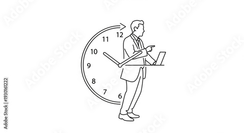 Man Standing Beside Large Clock Face Working on Laptop