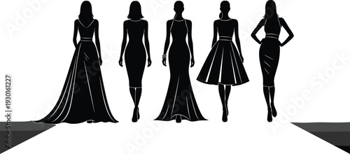 Elegant Fashion Models Silhouette Set Featuring Women in Evening Gowns and Stylish Dresses Walking on Runway for Haute Couture Luxury Branding