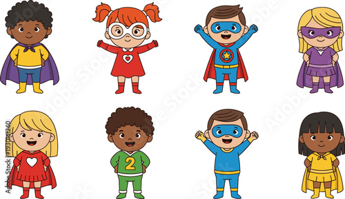 Cute Kids Superhero Characters Set with Boys and Girls in Colorful Costumes Cartoon Vector Illustration Collection