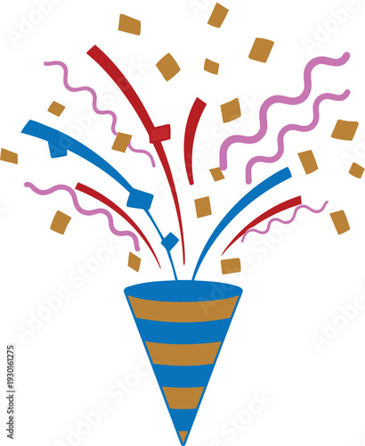 Elegant flat-design vector icon featuring a party popper emitting a burst of multicolored confetti, smooth, simplified shapes, scalable illustration