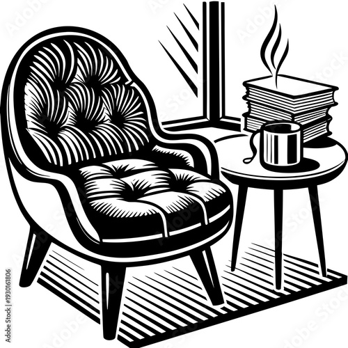 Mid-Century Armchair with Book Stack and Steaming Cup Vector — Retro Reading Nook Icon
