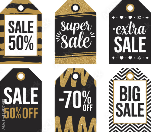 Set of six modern sale tags with different stylish patterns and text for retail and shopping promotions
