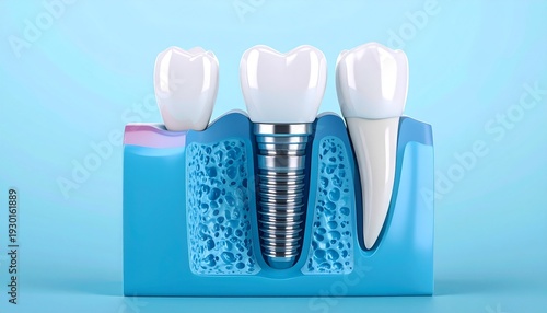 Dental Implant Anatomy: A detailed visual guide showcasing a dental implant, highlighting its structure and the surrounding bone tissue. Ideal for educational and illustrative purposes.