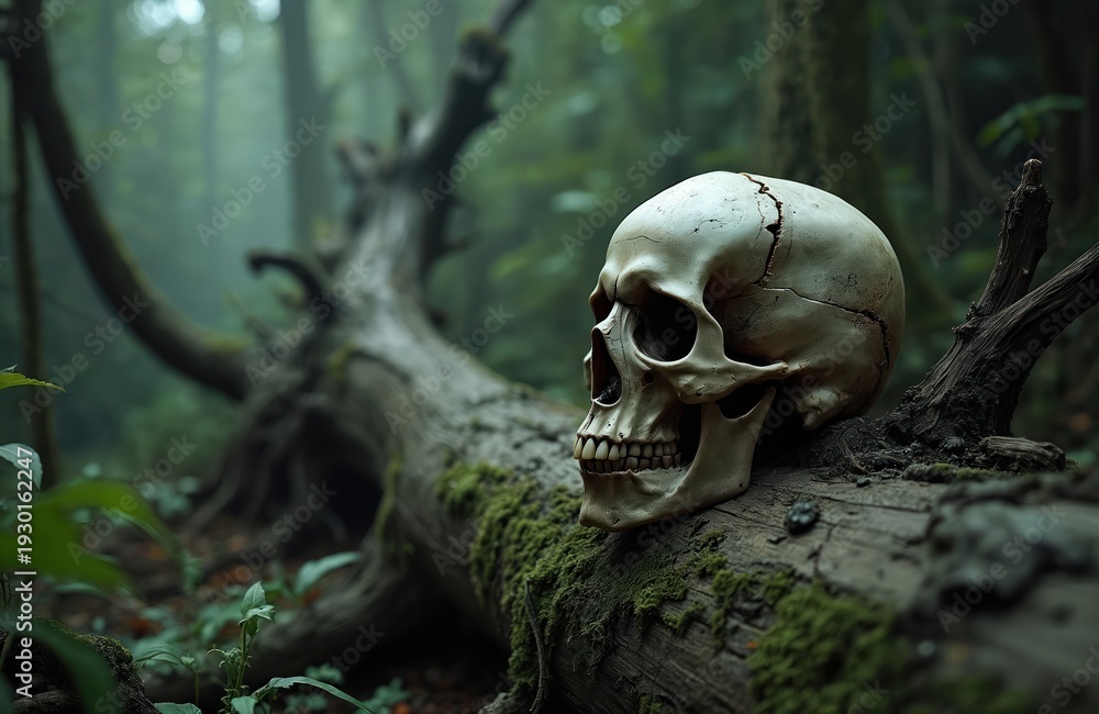 Fototapeta premium Human skull sits on moss covered fallen tree trunk in a dark eerie forest. Overgrown green foliage and decaying wood surrounds the skeletal remains. Mystery and death themes.