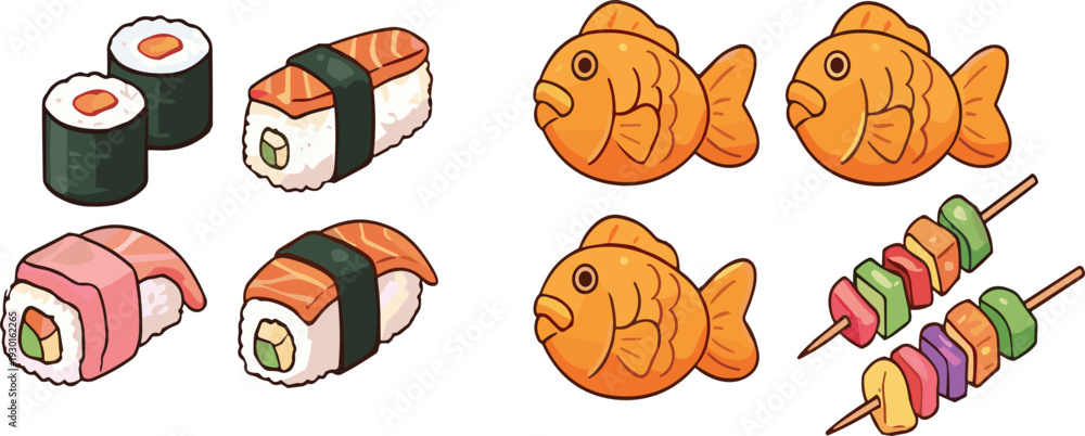 Fototapeta premium Sushi Rolls and Grilled Fish Set with Colorful Skewers Japanese Food Vector Illustration Collection