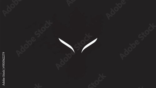 Minimalist white abstract design resembling eyes or wings on black background.