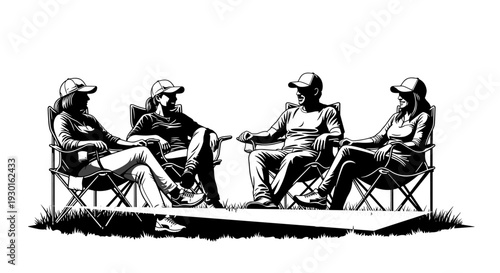 Group of friends sitting in folding chairs outdoors enjoying conversation, summer camping trip activity, outdoor leisure relaxation, community gathering vector silhouette design.
