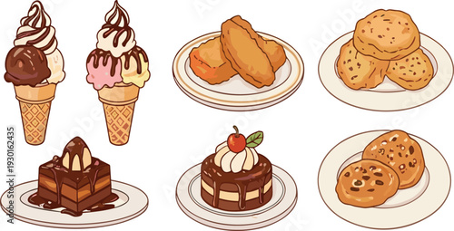 Sweet Desserts Vector Set with Ice Cream, Chocolate Cake, Cookies and Fried Snacks Illustration