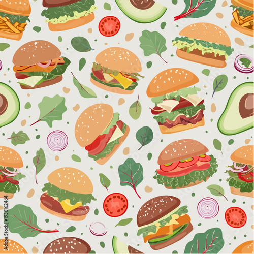 Minimal seamless vector pattern of gourmet veggie burger ingredients