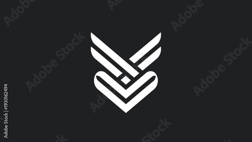 Minimalist white abstract symbol with wings and heart shape.